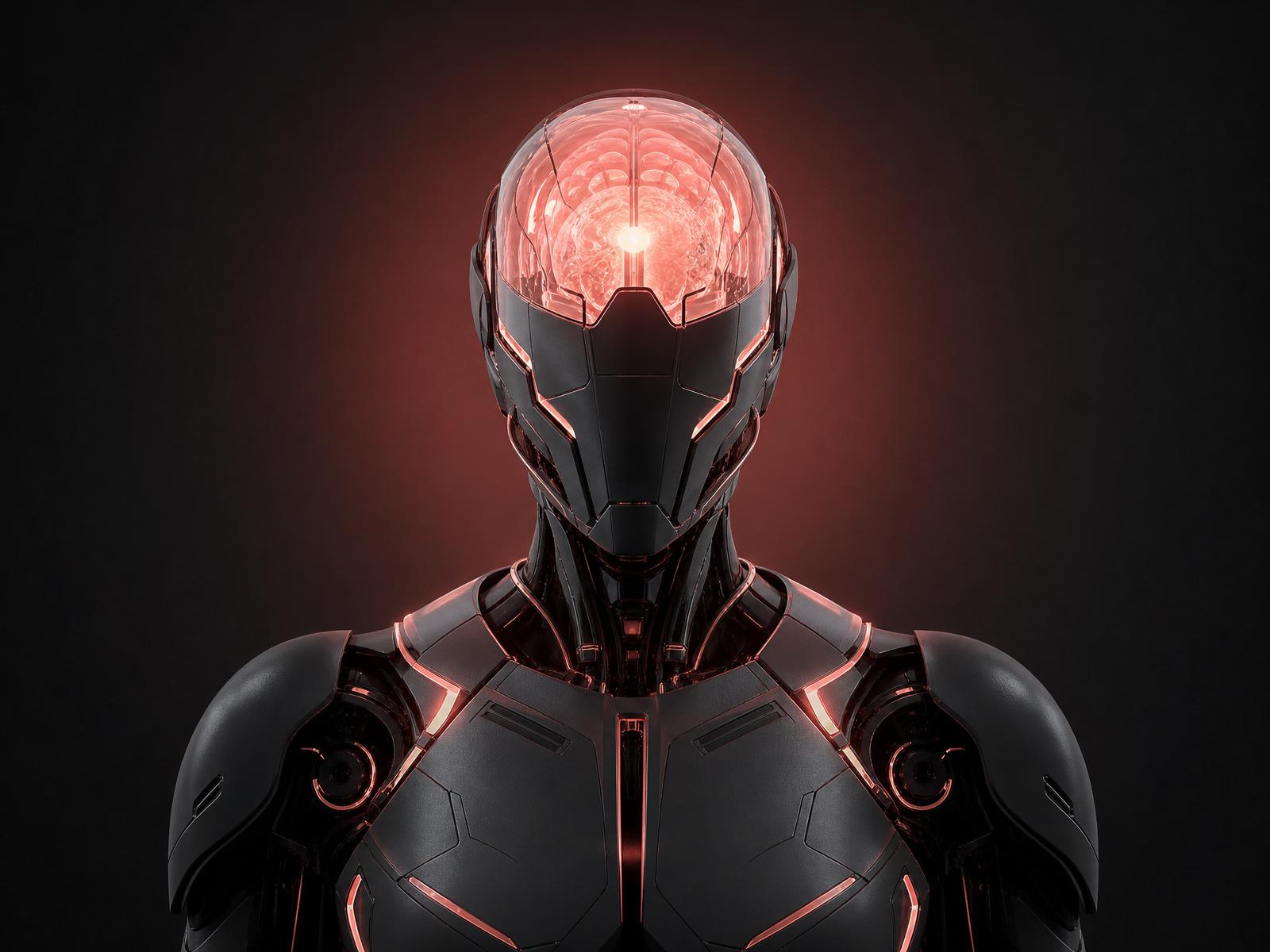 3D AI robot with a glowing brain, animated neural branches routing to core services